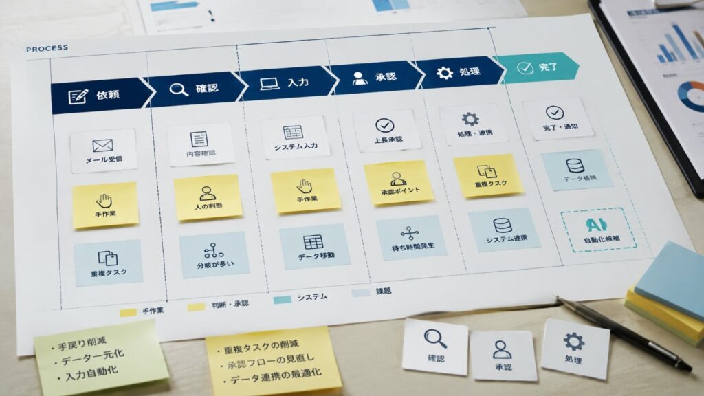 業務プロセスとAI自動化候補の整理のイメージ