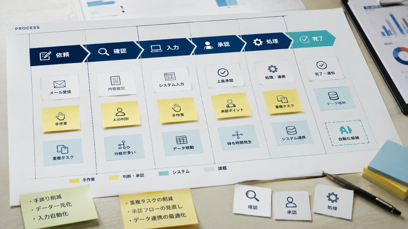 業務プロセスとAI自動化候補の整理のイメージ